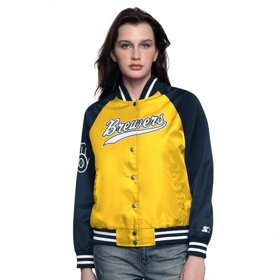 Women's Starter Gold/Navy Milwaukee Brewers Home Run Full-Snap Varsity Jacket