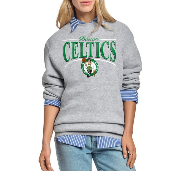 Women's Starter Gray Boston Celtics Arch Stripe Fleece Crewneck Sweatshirt