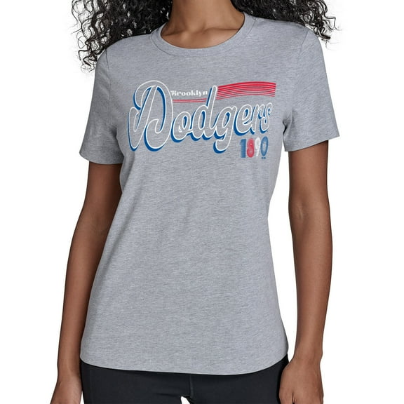 Women's Starter  Gray Brooklyn Dodgers Cooperstown Collection Groovy Script Team Fitted T-Shirt