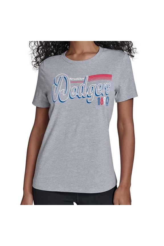 Women's Starter  Gray Brooklyn Dodgers Cooperstown Collection Groovy Script Team Fitted T-Shirt