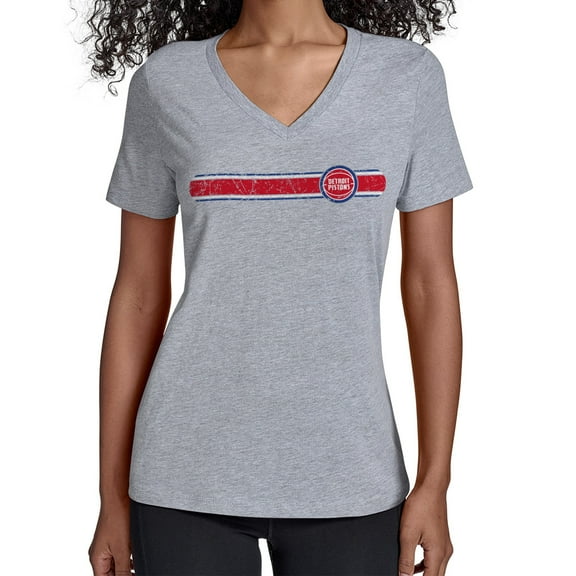 Women's Starter Gray Detroit Pistons Team Stripe V-Neck T-Shirt