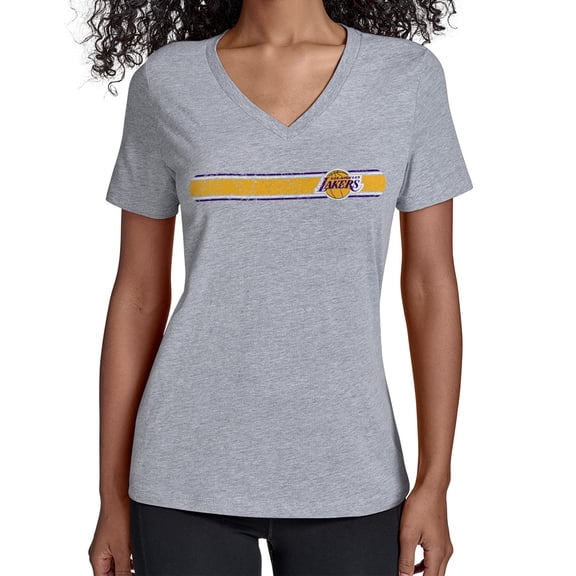 Women's Starter Gray Los Angeles Lakers Team Stripe V-Neck T-Shirt