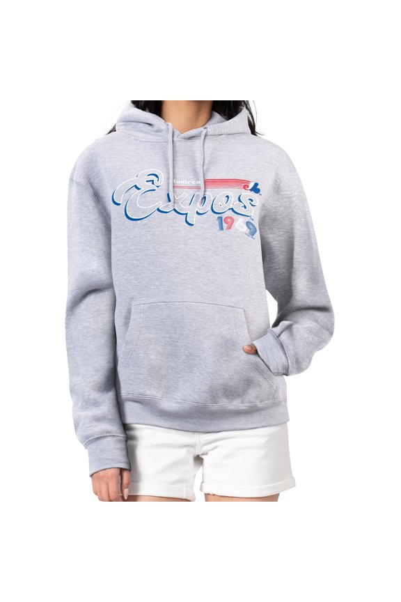 Women's Starter Gray Montreal Expos Cooperstown Collection Groovy Script Team Fleece Pullover Hoodie