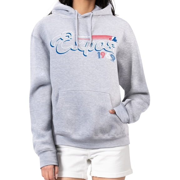 Women's Starter Gray Montreal Expos Cooperstown Collection Groovy Script Team Fleece Pullover Hoodie