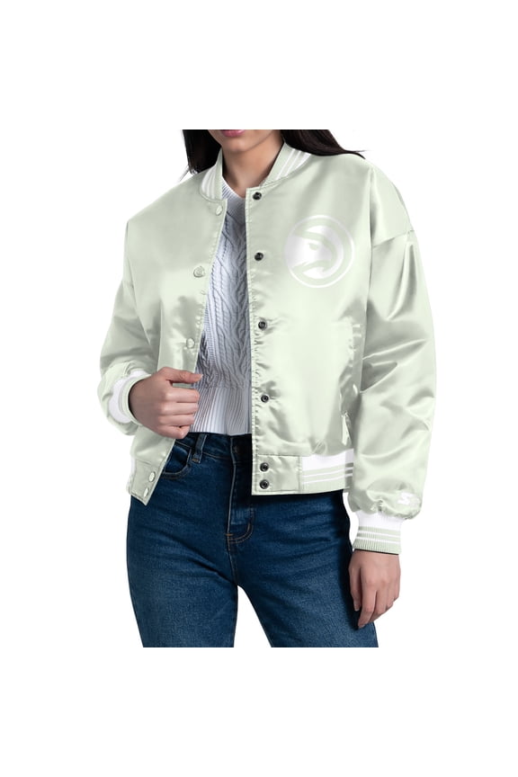 Women's Starter Green Atlanta Hawks Printed Script Cropped Satin Varsity Full-Snap Jacket