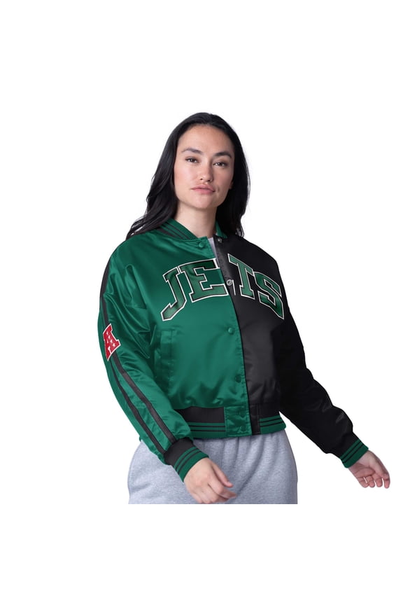 Women's Starter Green/Black New York Jets Zone Blitz Cropped Full-Snap Satin Jacket