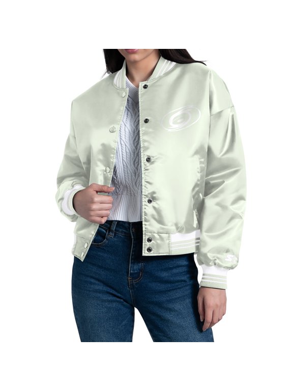 Women's Starter Green Carolina Hurricanes Fashion Script Satin Full-Snap Varsity Jacket