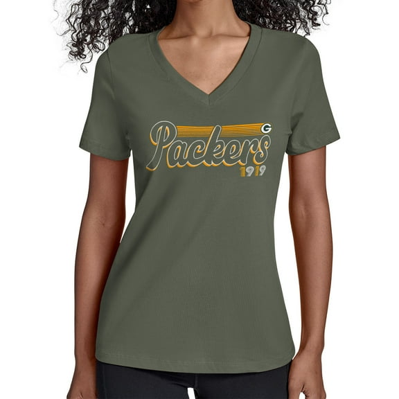 Women's Starter Green Green Bay Packers Groovy Script V-Neck T-Shirt