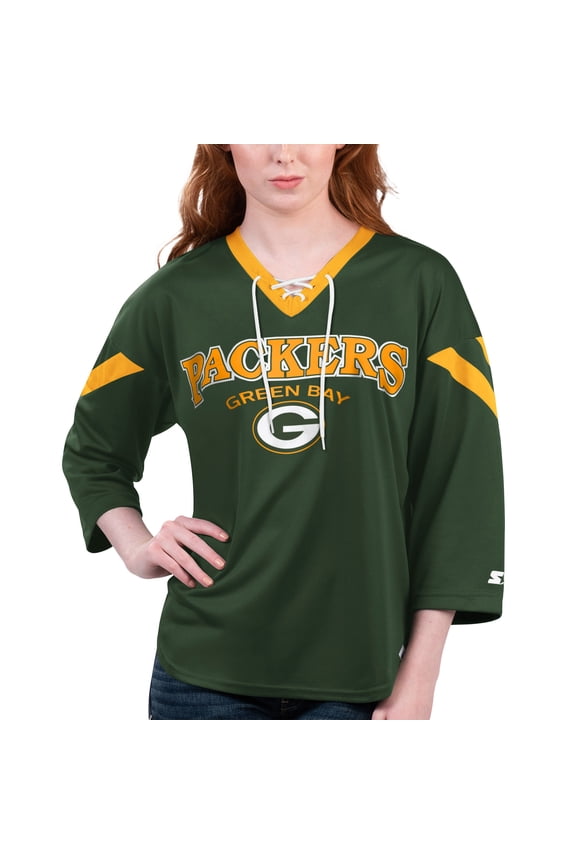 Women's Starter Green Green Bay Packers Rally Lace-Up 3/4 Sleeve T-Shirt