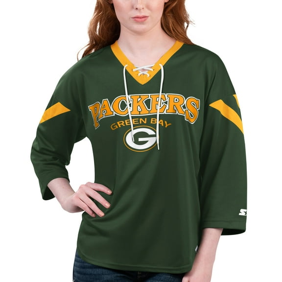 Women's Starter Green Green Bay Packers Rally Lace-Up 3/4 Sleeve T-Shirt