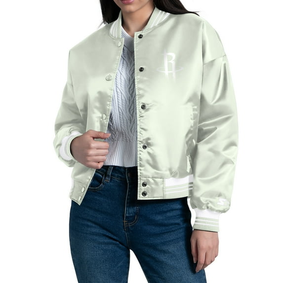 Women's Starter Green Houston Rockets Printed Script Cropped Satin Varsity Full-Snap Jacket