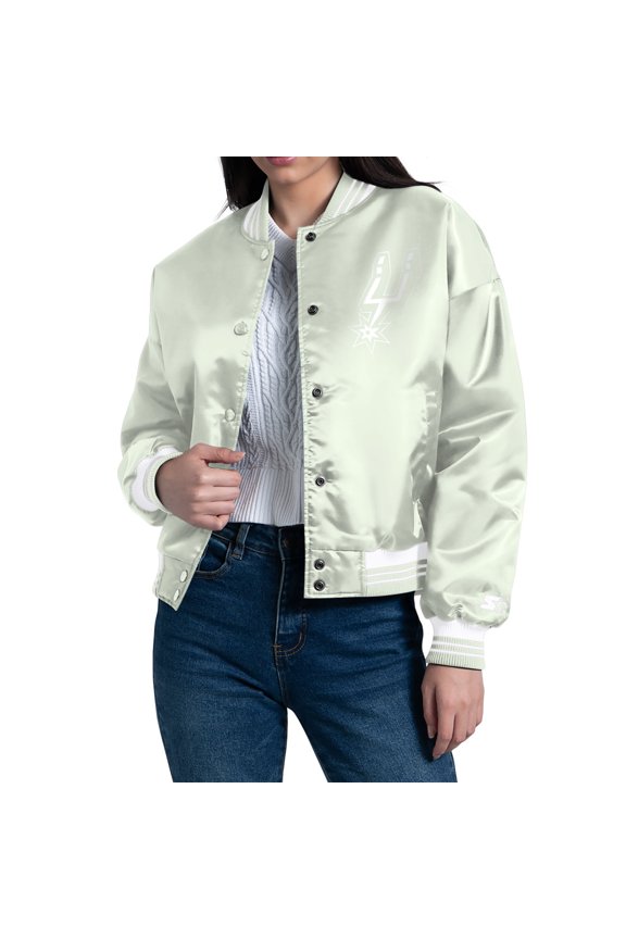 Women's Starter Green San Antonio Spurs Printed Script Cropped Satin Varsity Full-Snap Jacket