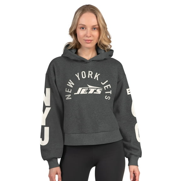 Women's Starter  Heather Charcoal New York Jets Star Player Cropped Fleece Pullover Hoodie