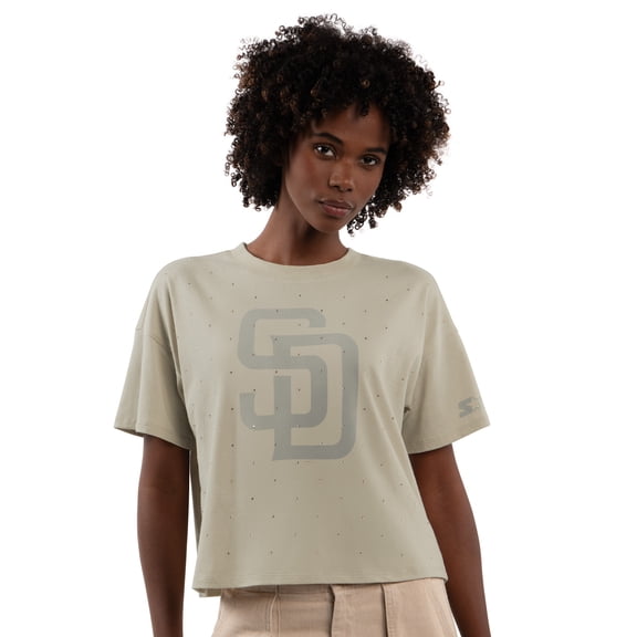 Women's Starter Khaki San Diego Padres Rhinestone Sprinkle Boxy Cropped T-Shirt