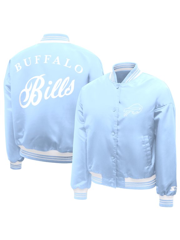 Women's Starter Light Blue Buffalo Bills Fashion Script Satin Varsity Jacket