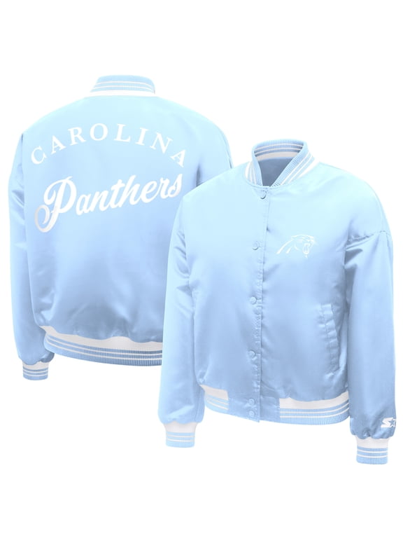 Women's Starter Light Blue Carolina Panthers Fashion Script Satin Varsity Jacket