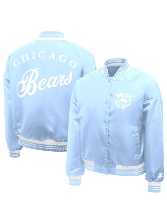 Women's Starter Light Blue Chicago Bears Fashion Script Satin Varsity Jacket