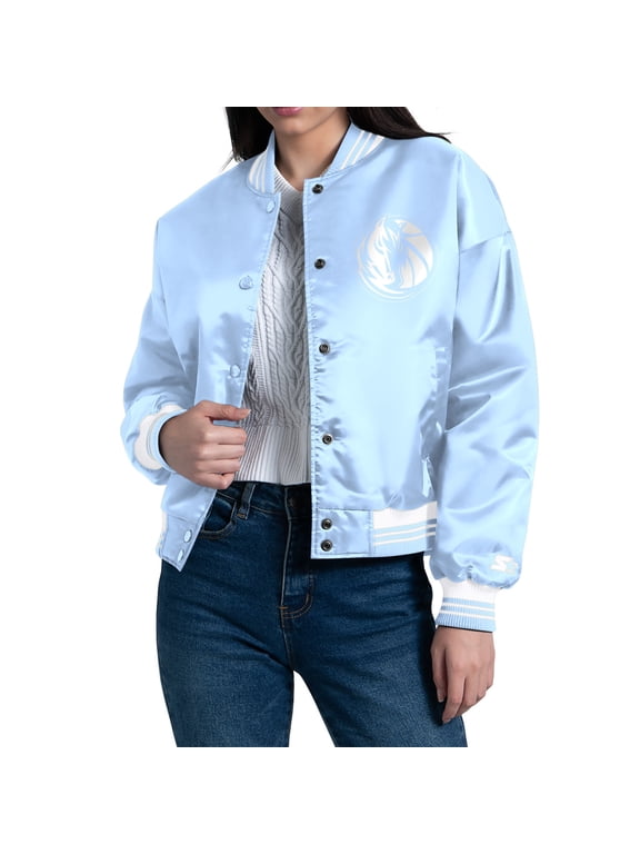 Women's Starter Light Blue Dallas Mavericks Printed Script Cropped Satin Varsity Full-Snap Jacket