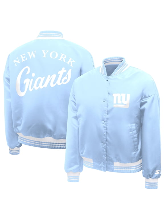 Women's Starter Light Blue New York Giants Fashion Script Satin Varsity Jacket
