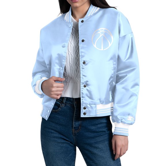 Women's Starter Light Blue Washington Wizards Printed Script Cropped Satin Varsity Full-Snap Jacket
