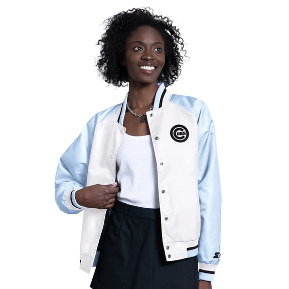 Women's Starter Light Blue/White Chicago Cubs Blitz Varsity Raglan Full-Snap Satin Jacket