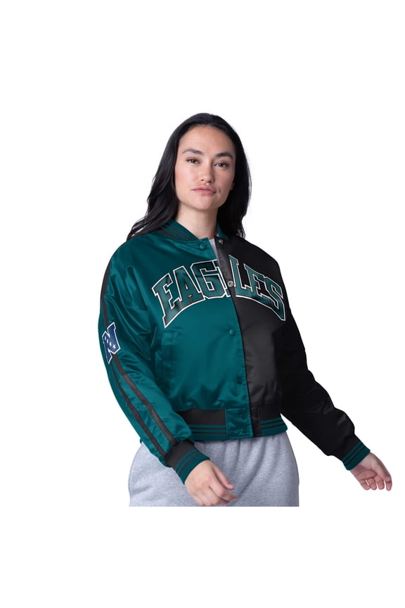 Women's Starter  Midnight Green/Black Philadelphia Eagles Zone Blitz Cropped Full-Snap Satin Jacket