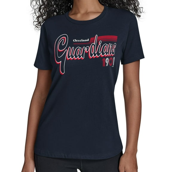 Women's Starter Navy Cleveland Guardians Groovy Script Team Fitted T-Shirt