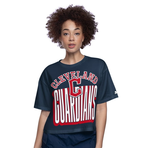 Women's Starter Navy Cleveland Guardians Play the Ball Boxy Cropped T-Shirt