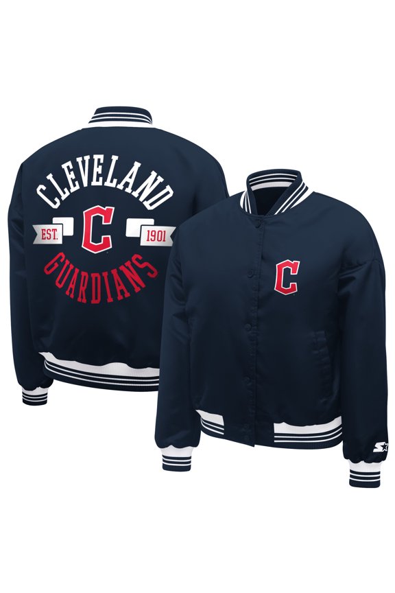 Women's Starter Navy Cleveland Guardians Printed Logo Cropped Satin Varsity Full-Snap Jacket