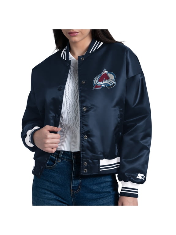 Women's Starter Navy Colorado Avalanche Arch Stripe Satin Full-Snap Varsity Jacket