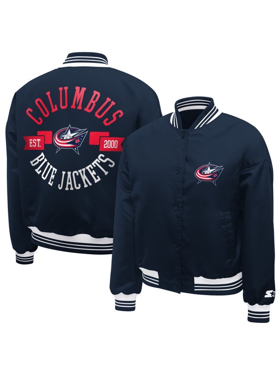 Women's Starter Navy Columbus Blue Jackets Printed Round Team Logo Satin Varsity Full-Snap Jacket