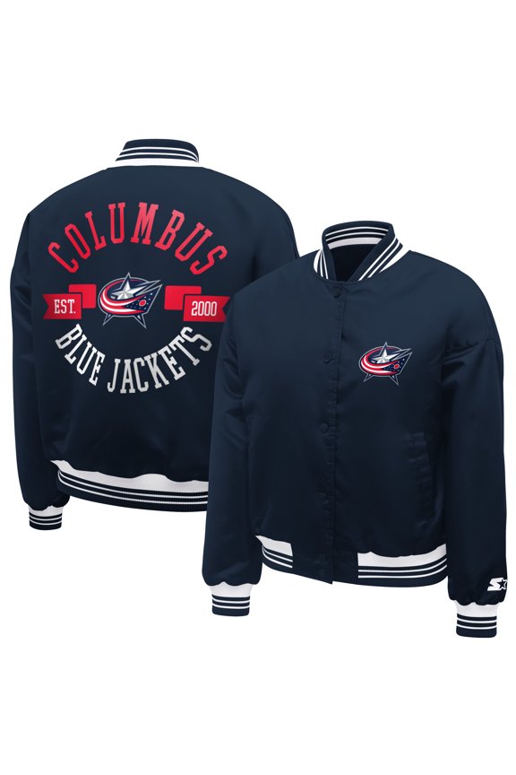 Women's Starter Navy Columbus Blue Jackets Printed Round Team Logo Satin Varsity Full-Snap Jacket
