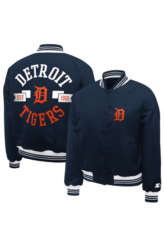 Women's Starter Navy Detroit Tigers Printed Logo Cropped Satin Varsity Full-Snap Jacket