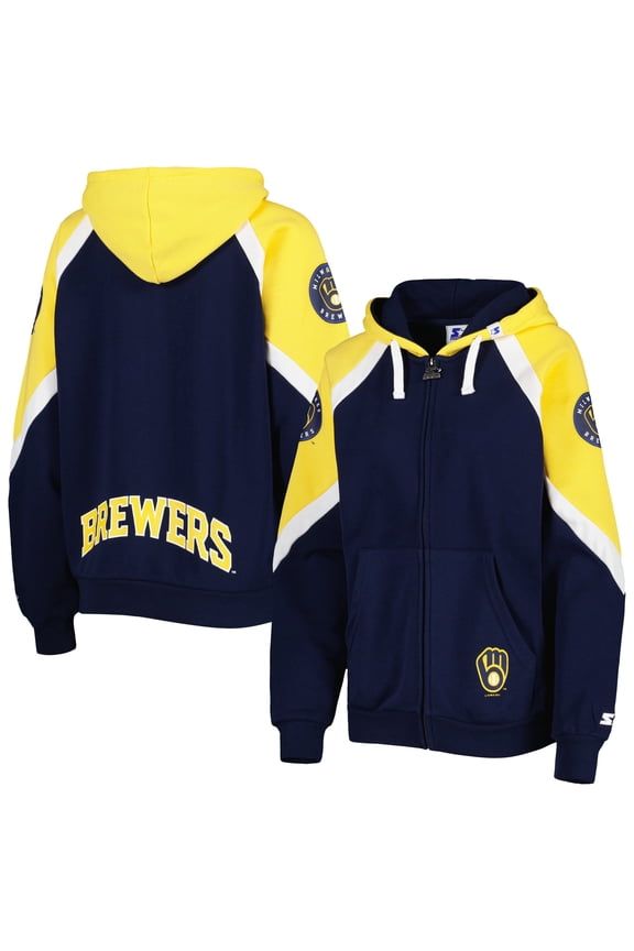 Women's Starter Navy/Gold Milwaukee Brewers Hail Mary Full-Zip Hoodie