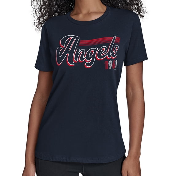 Women's Starter Navy Los Angeles Angels Groovy Script Team Fitted T-Shirt