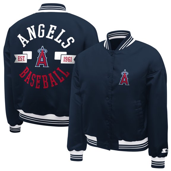 Women's Starter Navy Los Angeles Angels Printed Logo Cropped Satin Varsity Full-Snap Jacket
