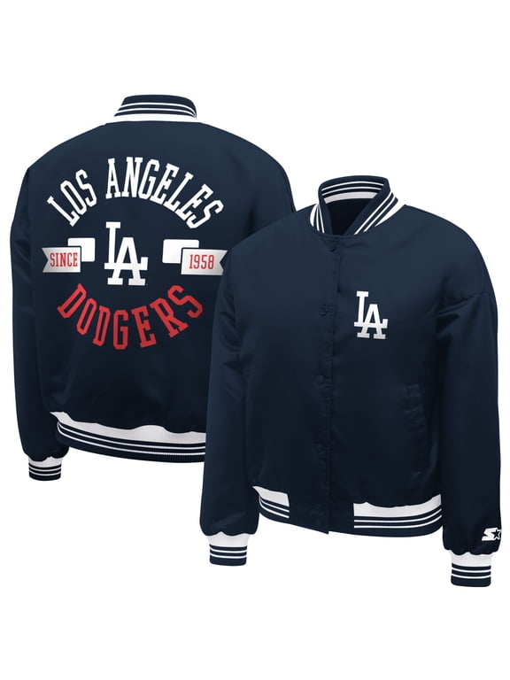 Women's Starter Navy Los Angeles Dodgers Printed Logo Cropped Satin Varsity Full-Snap Jacket