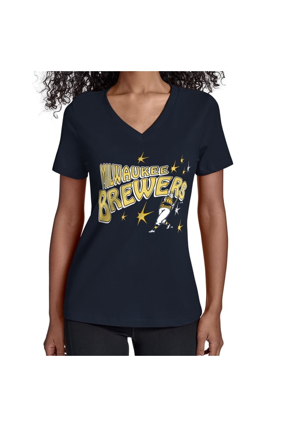 Women's Starter Navy Milwaukee Brewers Fireworks V-Neck T-Shirt