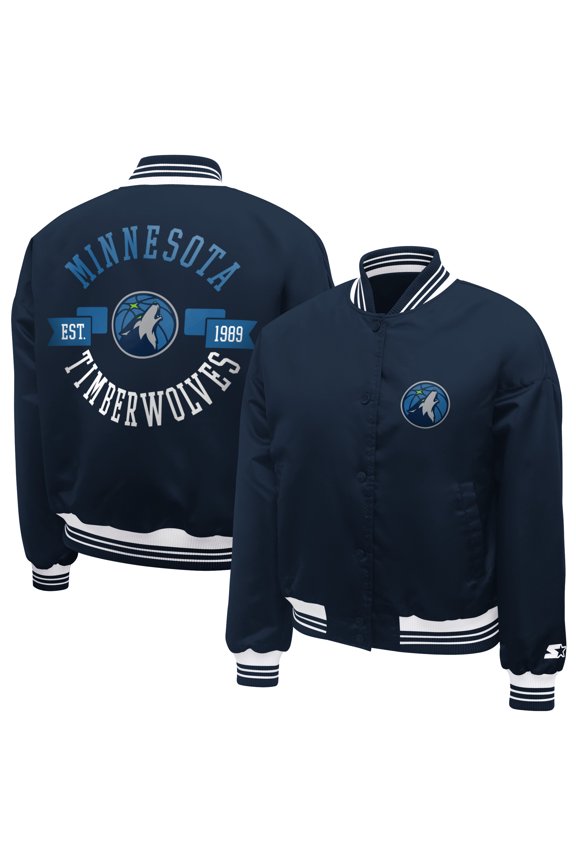 Women's Starter  Navy Minnesota Timberwolves Printed Logo Cropped Satin Varsity Full-Snap Jacket