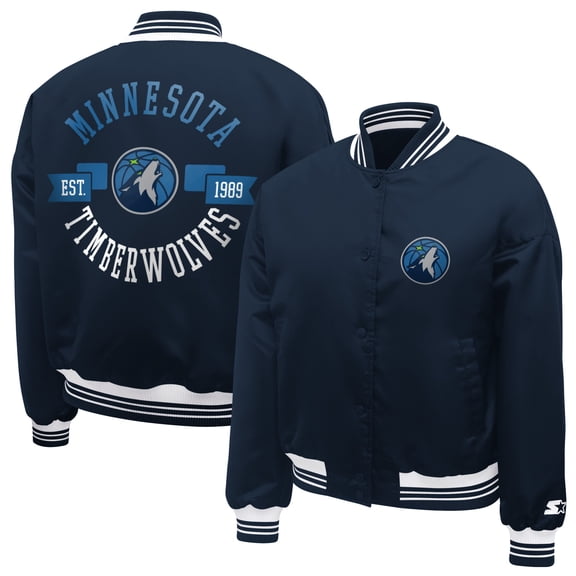 Women's Starter Navy Minnesota Timberwolves Printed Logo Cropped Satin Varsity Full-Snap Jacket