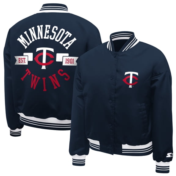 Women's Starter Navy Minnesota Twins Printed Logo Cropped Satin Varsity Full-Snap Jacket