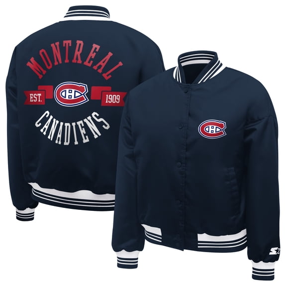 Women's Starter Navy Montreal Canadiens Printed Round Team Logo Satin Varsity Full-Snap Jacket