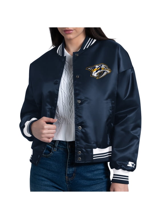 Women's Starter Navy Nashville Predators Arch Stripe Satin Full-Snap Varsity Jacket