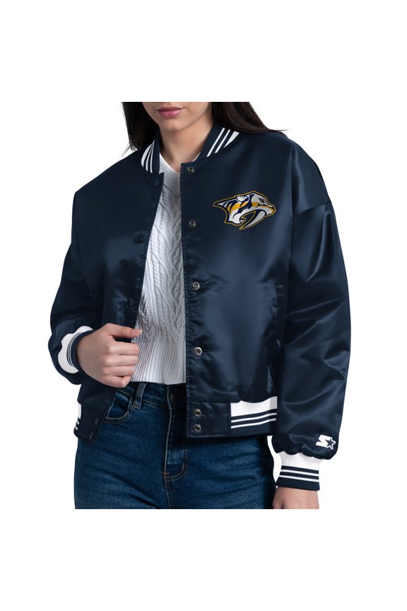 Women's Starter Navy Nashville Predators Arch Stripe Satin Full-Snap Varsity Jacket