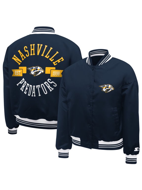 Women's Starter Navy Nashville Predators Printed Round Team Logo Satin Varsity Full-Snap Jacket