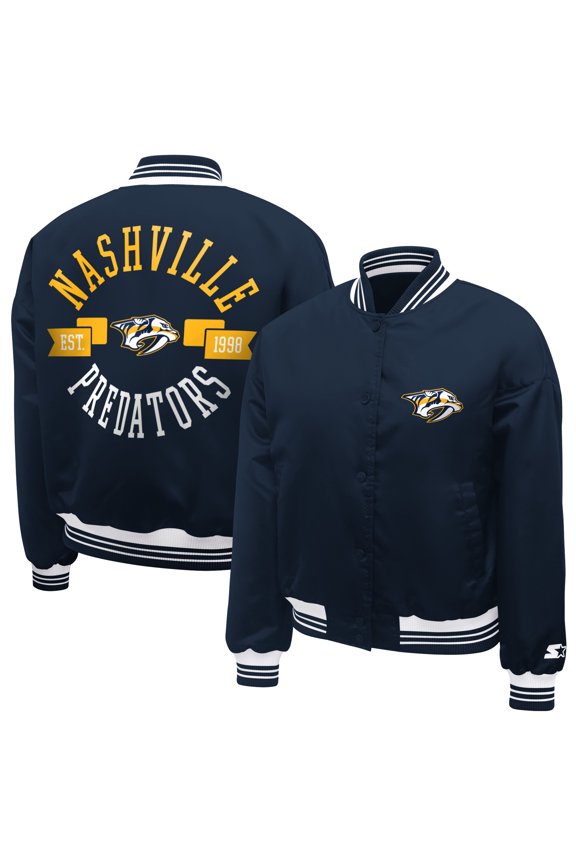 Women's Starter Navy Nashville Predators Printed Round Team Logo Satin Varsity Full-Snap Jacket