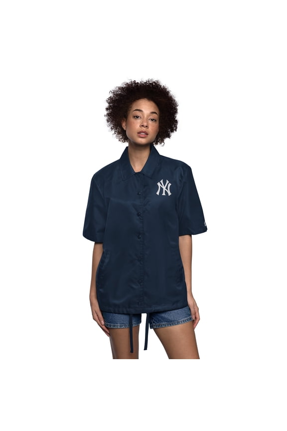 Women's Starter Navy New York Yankees High Post Short Sleeve Full-Snap Coaches Jacket
