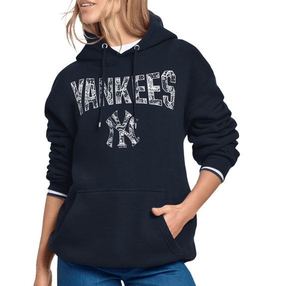 Women's Starter Navy New York Yankees Lace Team Lockup Fleece Hoodie