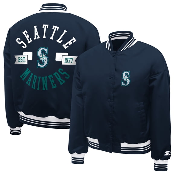 Women's Starter Navy Seattle Mariners Printed Logo Cropped Satin Varsity Full-Snap Jacket
