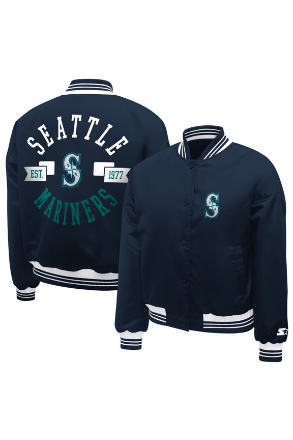 Women's Starter Navy Seattle Mariners Printed Logo Cropped Satin Varsity Full-Snap Jacket